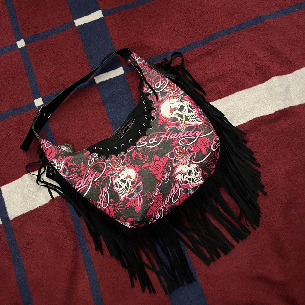 Y2K Ed Hardy Pink Black Hobo Fringe Bag Handbag Purse NWT skulls roses suede